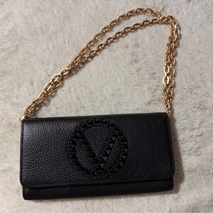 Valentino Garavani Black Leather Clutch with Gold Chain